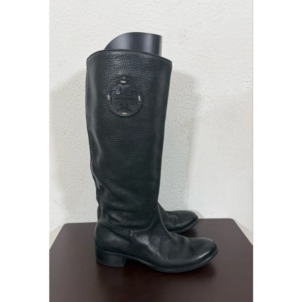 Tory Burch Keaton Pebble Leather Riding Boots Black Sz 7 Luxury Equestrian Chic